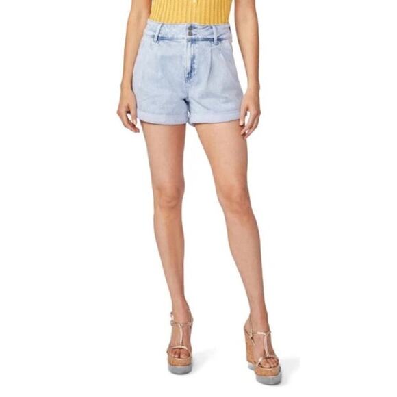 PAIGE Beth Pleated High Rise Waist Shorts Sherry Light Wash Cuffed Denim NWT 33 - Picture 1 of 7